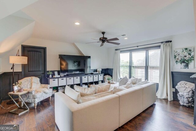 120 Slate Dr, Buford, GA 30518 - living area featuring a ceiling fan, dark wood finished floors, and recessed lighting