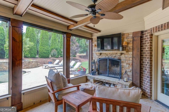 120 Slate Dr, Buford, GA 30518 - sunroom / solarium with plenty of natural light, beamed ceiling, and a ceiling fan