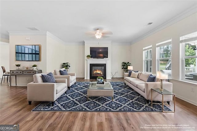 3390 Meadow Grass Dr, Dacula, GA 30019 - living room with wood finished floors, ornamental molding, a glass covered fireplace, and a ceiling fan