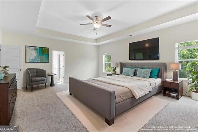 3390 Meadow Grass Dr, Dacula, GA 30019 - bedroom with a tray ceiling, light carpet, and a ceiling fan