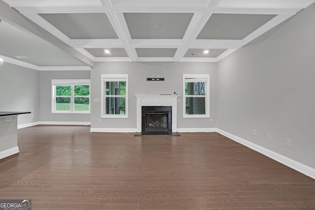 7043 Lancaster Xing, Flowery Branch, GA 30542 - unfurnished living room featuring dark wood finished floors, a high end fireplace, beamed ceiling, recessed lighting, and coffered ceiling
