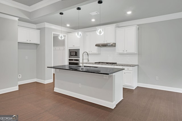7043 Lancaster Xing, Flowery Branch, GA 30542 - kitchen with stainless steel appliances, ornamental molding, backsplash, recessed lighting, and white cabinets