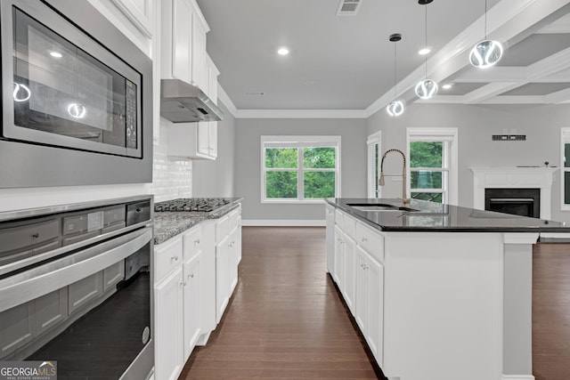 7043 Lancaster Xing, Flowery Branch, GA 30542 - kitchen featuring appliances with stainless steel finishes, under cabinet range hood, dark wood finished floors, a fireplace, and a kitchen island with sink