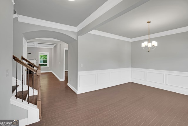 7043 Lancaster Xing, Flowery Branch, GA 30542 - unfurnished room with arched walkways, ornamental molding, dark wood-style floors, a chandelier, and stairway