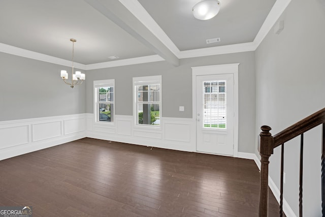 7043 Lancaster Xing, Flowery Branch, GA 30542 - entrance foyer featuring a chandelier, dark wood-style flooring, wainscoting, and ornamental molding