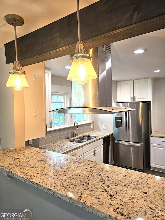 1341 SE Joyner Ave SE, Marietta, GA 30060 - kitchen featuring stainless steel fridge with ice dispenser, light stone counters, white cabinetry, and recessed lighting