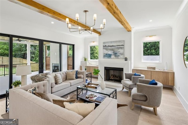 1312 Becket Dr NE, Brookhaven, GA 30319 - living room with beam ceiling, light wood-style flooring, a chandelier, a fireplace, and recessed lighting