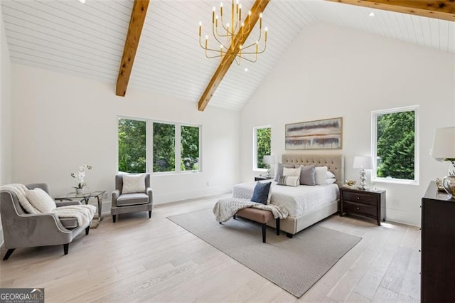 1312 Becket Dr NE, Brookhaven, GA 30319 - bedroom featuring high vaulted ceiling, a chandelier, wood finished floors, and beamed ceiling