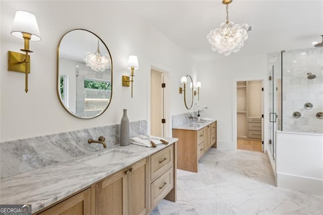 1312 Becket Dr NE, Brookhaven, GA 30319 - full bathroom featuring a chandelier, a shower stall, two vanities, and marble finish flooring