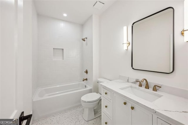1312 Becket Dr NE, Brookhaven, GA 30319 - bathroom with speckled floor, vanity, shower / tub combination, and recessed lighting