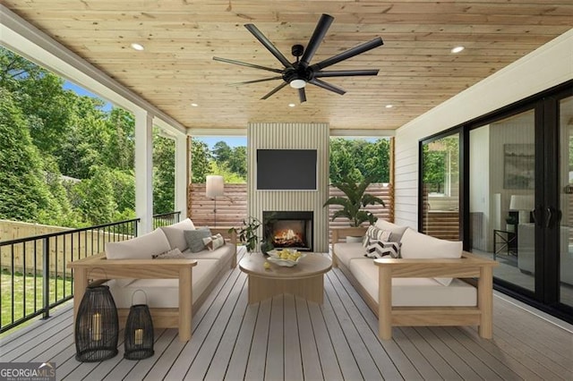 1312 Becket Dr NE, Brookhaven, GA 30319 - wooden deck featuring an outdoor living space with a fireplace and a ceiling fan