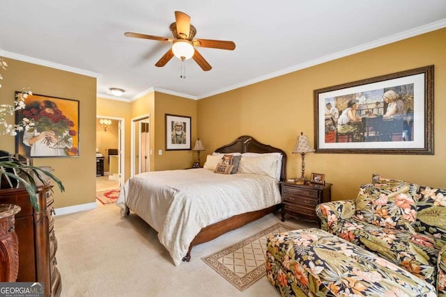 3071 Lenox Rd NE Unit 19, Atlanta, GA 30324 - bedroom featuring light carpet, ornamental molding, connected bathroom, and a ceiling fan