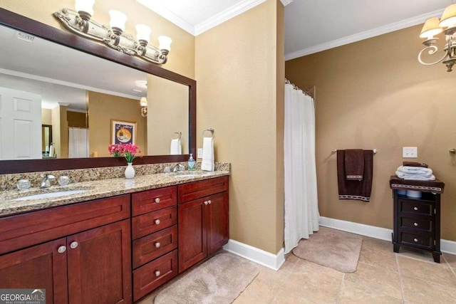3071 Lenox Rd NE Unit 19, Atlanta, GA 30324 - full bath with double vanity, ornamental molding, curtained shower, tile patterned flooring, and a chandelier