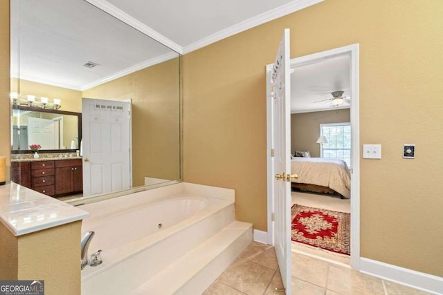 3071 Lenox Rd NE Unit 19, Atlanta, GA 30324 - ensuite bathroom with a jetted tub, vanity, tile patterned flooring, a ceiling fan, and crown molding