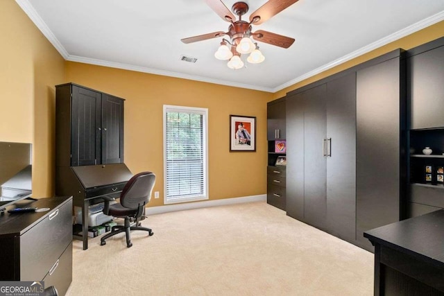 3071 Lenox Rd NE Unit 19, Atlanta, GA 30324 - home office with ornamental molding, light colored carpet, and ceiling fan