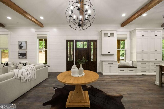 13365 Hopewell Rd, Alpharetta, GA 30004 - dining area featuring beam ceiling, a chandelier, dark wood-type flooring, and recessed lighting