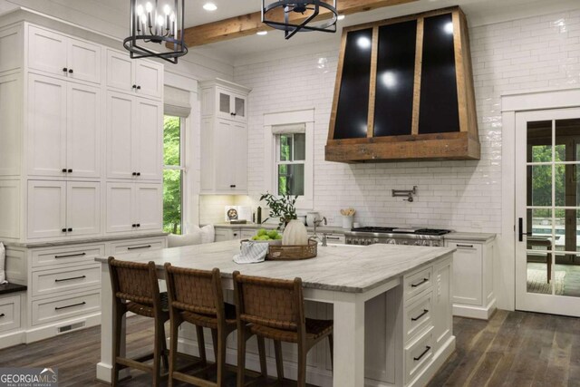 13365 Hopewell Rd, Alpharetta, GA 30004 - kitchen featuring a chandelier, backsplash, dark wood finished floors, recessed lighting, and beamed ceiling