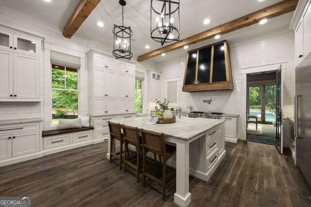 13365 Hopewell Rd, Alpharetta, GA 30004 - kitchen with beamed ceiling, dark wood-type flooring, plenty of natural light, extractor fan, and recessed lighting