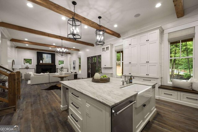 13365 Hopewell Rd, Alpharetta, GA 30004 - kitchen featuring dishwasher, beam ceiling, recessed lighting, white cabinets, and dark wood-style flooring