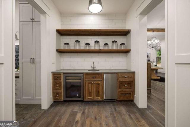 13365 Hopewell Rd, Alpharetta, GA 30004 - indoor bar featuring beverage cooler, tasteful backsplash, dark wood-style floors, and refrigerator