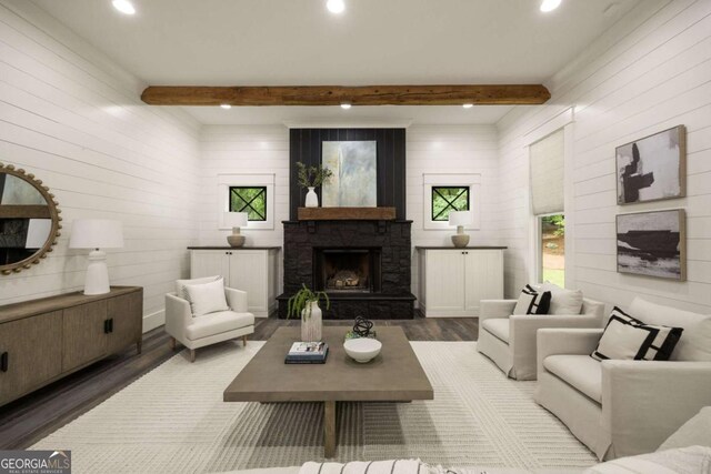 13365 Hopewell Rd, Alpharetta, GA 30004 - living room featuring wood finished floors, recessed lighting, beam ceiling, a fireplace, and wooden walls