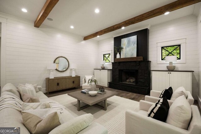 13365 Hopewell Rd, Alpharetta, GA 30004 - living room featuring wood finished floors, beamed ceiling, recessed lighting, a fireplace, and wooden walls