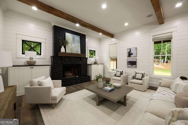 13365 Hopewell Rd, Alpharetta, GA 30004 - living area featuring wood finished floors, beamed ceiling, recessed lighting, a fireplace, and wood walls