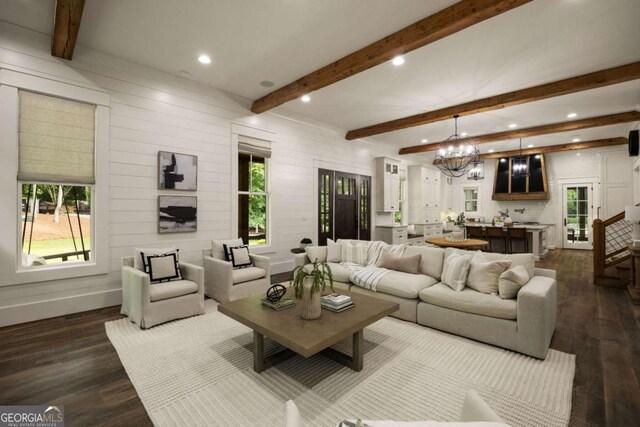 13365 Hopewell Rd, Alpharetta, GA 30004 - living area featuring plenty of natural light, beam ceiling, dark wood-style floors, a chandelier, and recessed lighting