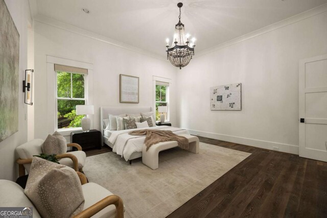 13365 Hopewell Rd, Alpharetta, GA 30004 - bedroom featuring a chandelier, dark wood-style floors, and crown molding