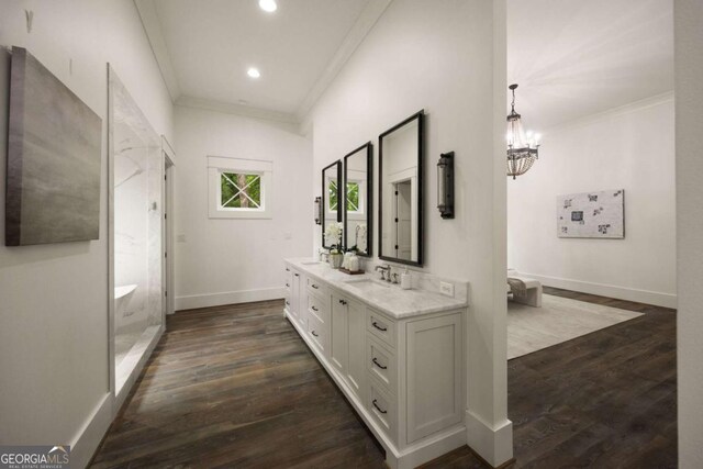 13365 Hopewell Rd, Alpharetta, GA 30004 - corridor featuring crown molding, a chandelier, dark wood-style flooring, and recessed lighting