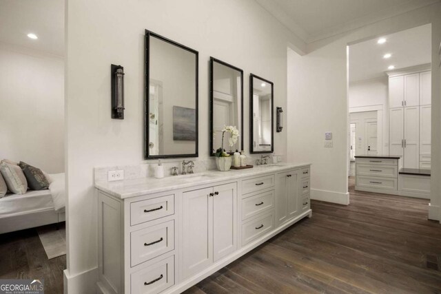 13365 Hopewell Rd, Alpharetta, GA 30004 - full bathroom with ornamental molding, double vanity, wood finished floors, recessed lighting, and ensuite bathroom