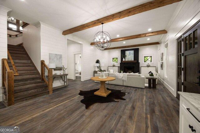 13365 Hopewell Rd, Alpharetta, GA 30004 - living room with stairs, dark wood-style floors, beamed ceiling, a fireplace, and recessed lighting
