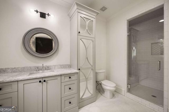 13365 Hopewell Rd, Alpharetta, GA 30004 - full bath featuring a stall shower, vanity, tile patterned flooring, and ornamental molding