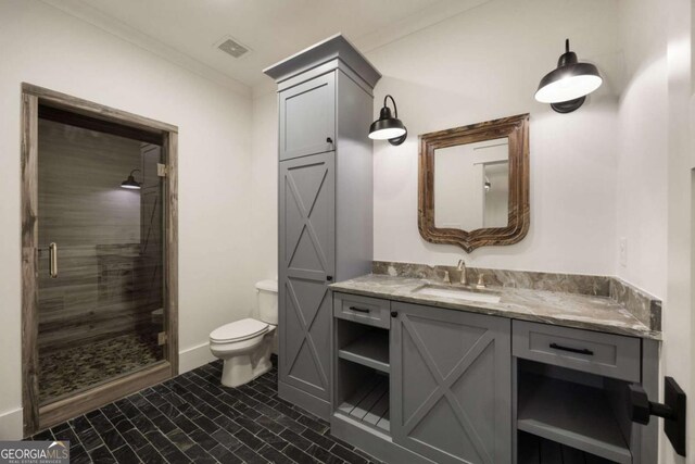 13365 Hopewell Rd, Alpharetta, GA 30004 - bathroom with vanity, a stall shower, and ornamental molding