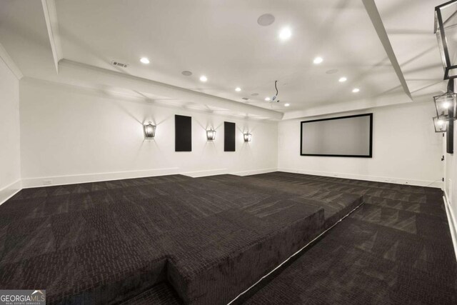 13365 Hopewell Rd, Alpharetta, GA 30004 - home theater room with carpet floors, a tray ceiling, recessed lighting, and ornamental molding