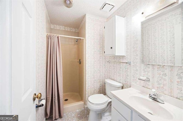 204 Old Oak Rd, Macon, GA 31216 - bathroom with vanity, curtained shower, wallpapered walls, and a textured ceiling