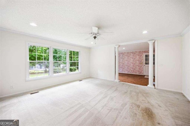 204 Old Oak Rd, Macon, GA 31216 - carpeted empty room featuring decorative columns, ornamental molding, ceiling fan, a textured ceiling, and recessed lighting