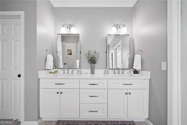 501 Avery Creek Pointe, Woodstock, GA 30188 - full bath with double vanity, ornamental molding, and a shower