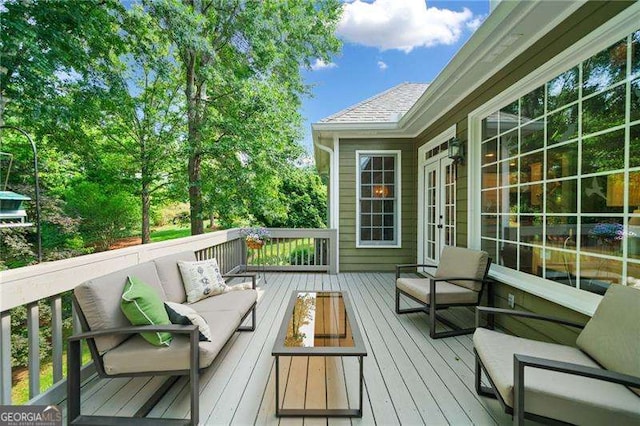 501 Avery Creek Pointe, Woodstock, GA 30188 - wooden deck featuring french doors and outdoor lounge area