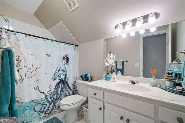 501 Avery Creek Pointe, Woodstock, GA 30188 - bathroom with lofted ceiling, vanity, tile patterned floors, and curtained shower