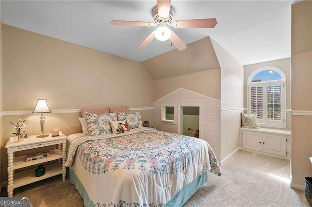 501 Avery Creek Pointe, Woodstock, GA 30188 - bedroom with light colored carpet, ceiling fan, and lofted ceiling