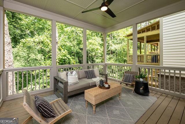 2164 James Aly, Atlanta, GA 30345 - wooden terrace with ceiling fan and an outdoor hangout area