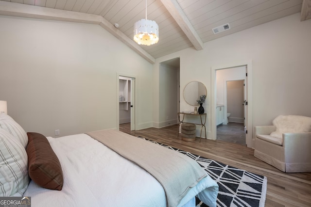 2164 James Aly, Atlanta, GA 30345 - bedroom with a chandelier, wood finished floors, high vaulted ceiling, a wooden ceiling with exposed beams, and a walk in closet