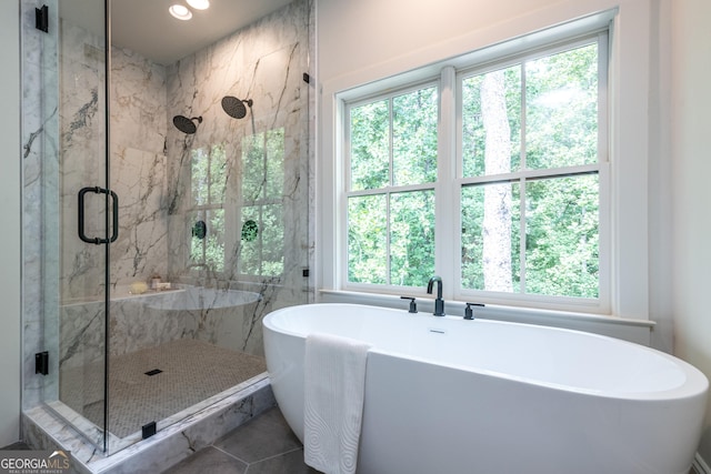 2164 James Aly, Atlanta, GA 30345 - full bathroom featuring a marble finish shower, a freestanding bath, and recessed lighting