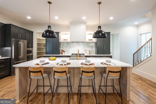 2164 James Aly, Atlanta, GA 30345 - kitchen with open shelves, appliances with stainless steel finishes, light countertops, backsplash, and ornamental molding