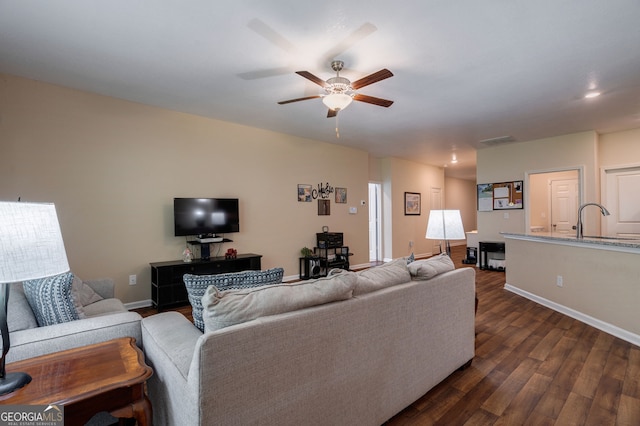 410 Meadowbend Cir, Athens, GA 30606 - living room featuring ceiling fan and dark wood-style floors