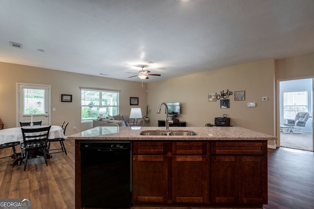 410 Meadowbend Cir, Athens, GA 30606 - kitchen with black dishwasher, dark wood-style floors, open floor plan, and a ceiling fan