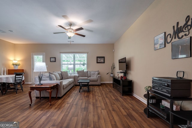 410 Meadowbend Cir, Athens, GA 30606 - living room featuring a ceiling fan and dark wood-type flooring