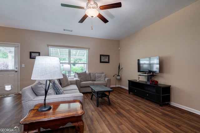 410 Meadowbend Cir, Athens, GA 30606 - living room featuring dark wood-style flooring and ceiling fan