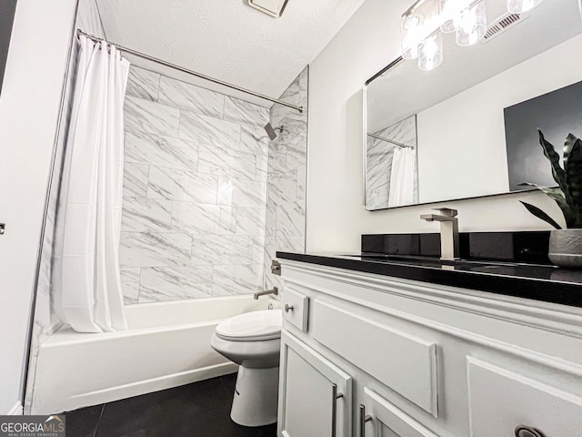 3150 Stratford Green Pl, Avondale Estates, GA 30002 - full bathroom with vanity, shower / tub combo with curtain, a textured ceiling, and tile patterned floors